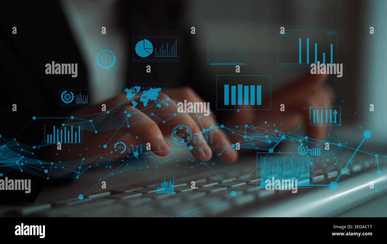 A business professional interacts with a digital interface displaying various data visualizations, showcasing modern data analysis methods in a sleek Stock Photo