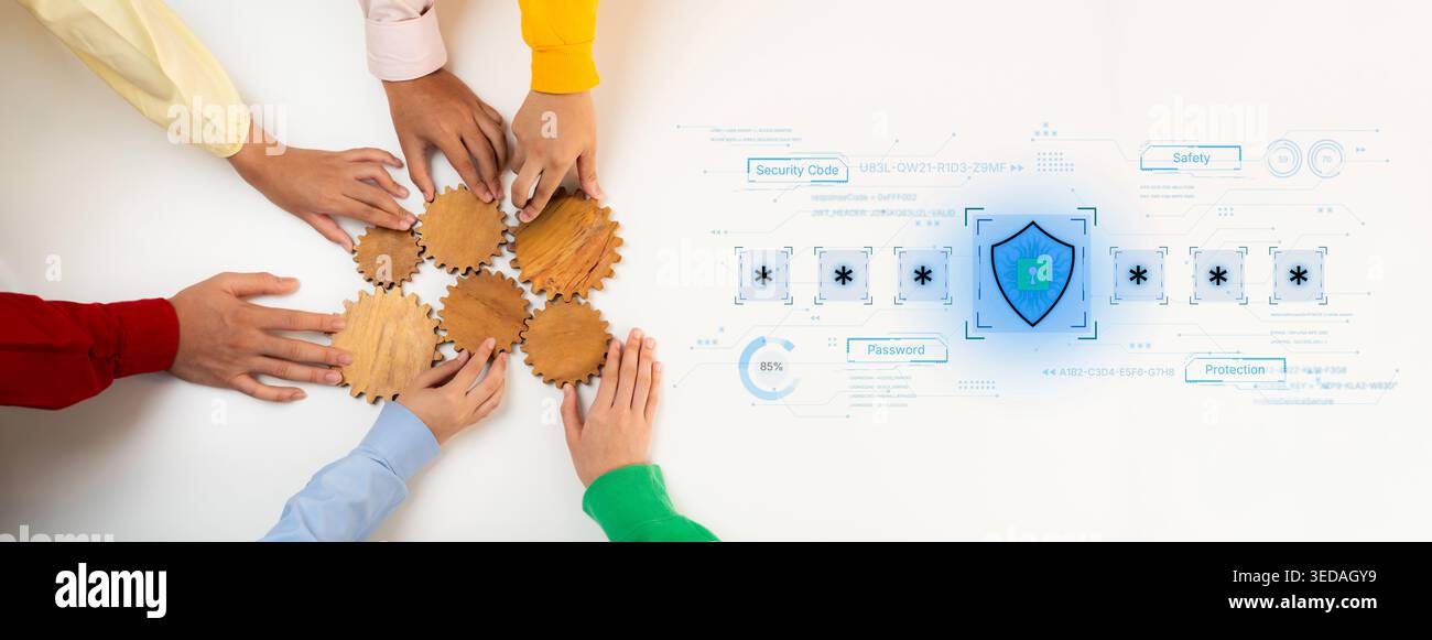 A concept of an advanced cybersecurity system. The futuristic interface shows a multi-factor authentication process using a secure password or PIN for Stock Photo