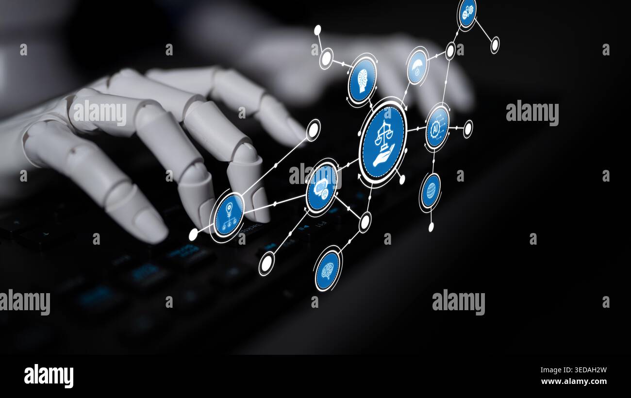 A robotic hand interacts seamlessly with digital icons that symbolize ...