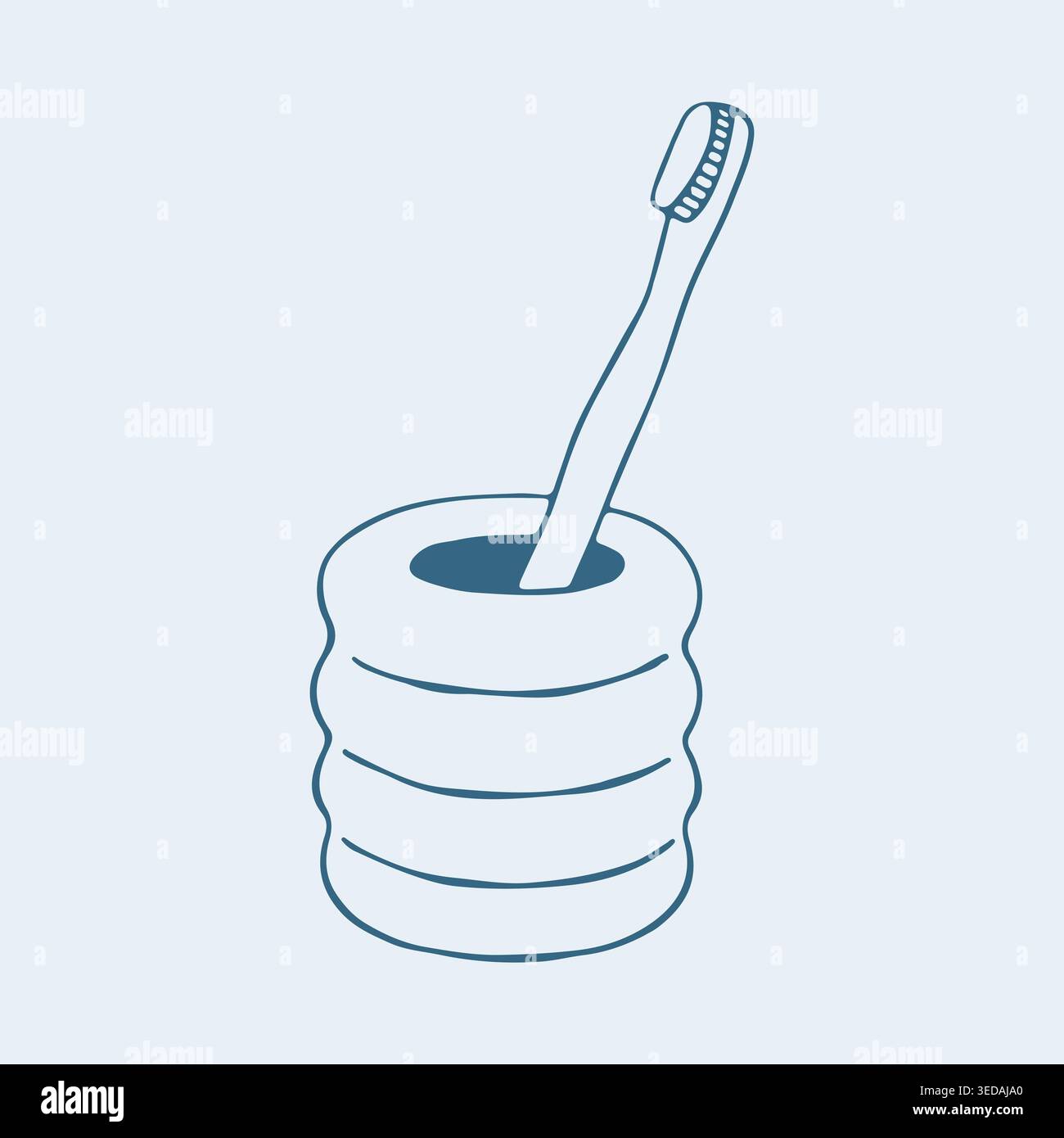 Hand drawn vector illustration of a single toothbrush in a ribbed ceramic holder. Minimalist blue line art for dental care and bathroom organization Stock Vector