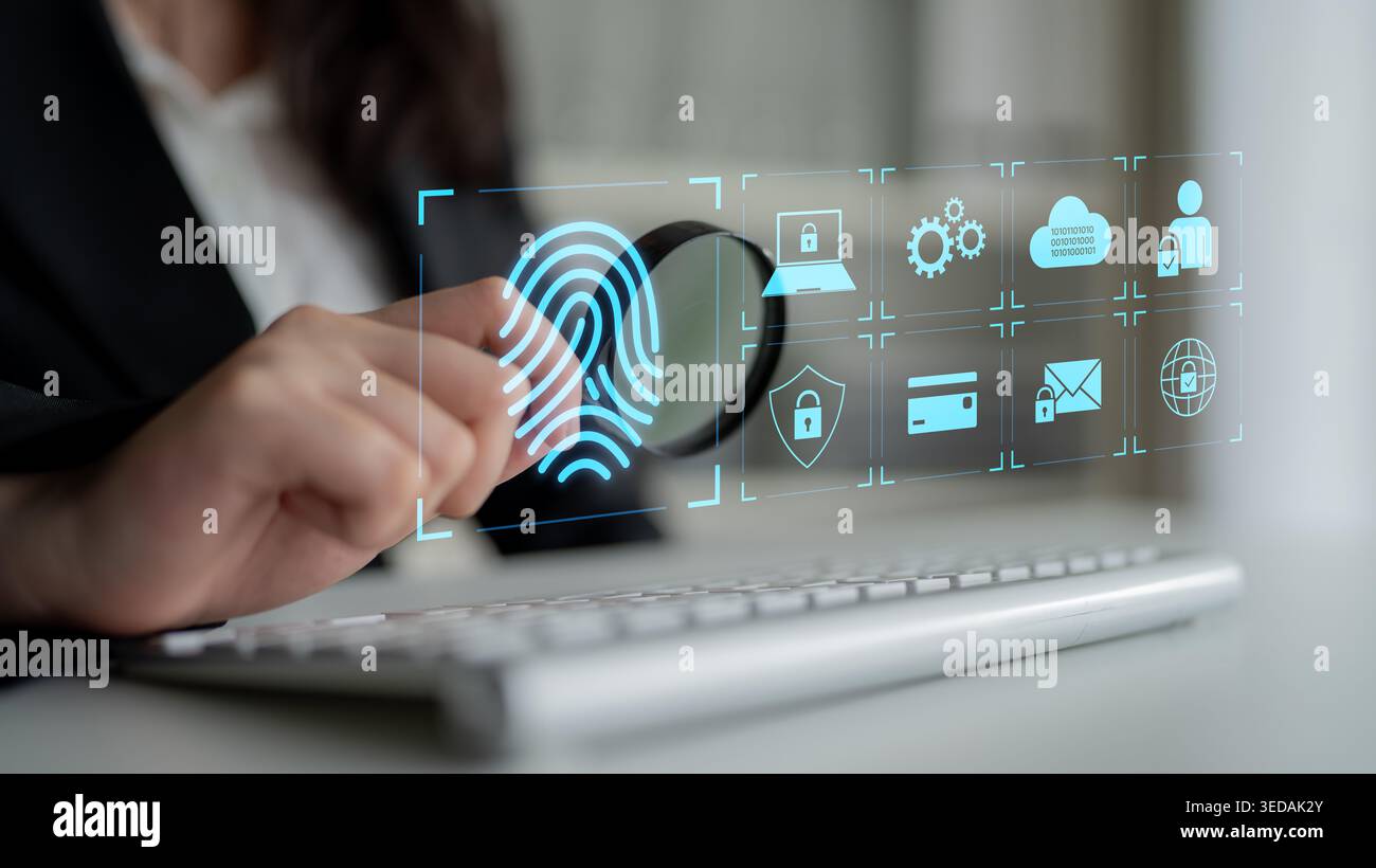 System for safeguarding digital identity using fingerprint authentication, encryption, and secure access protocols across cloud, device, and personal Stock Photo