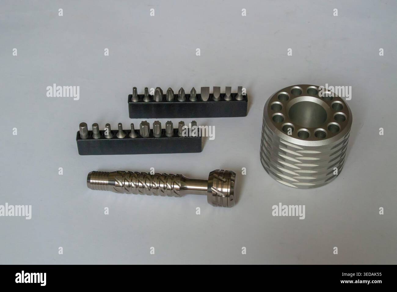 Screwdriver, stand, bits tools for job and hobby Stock Photo