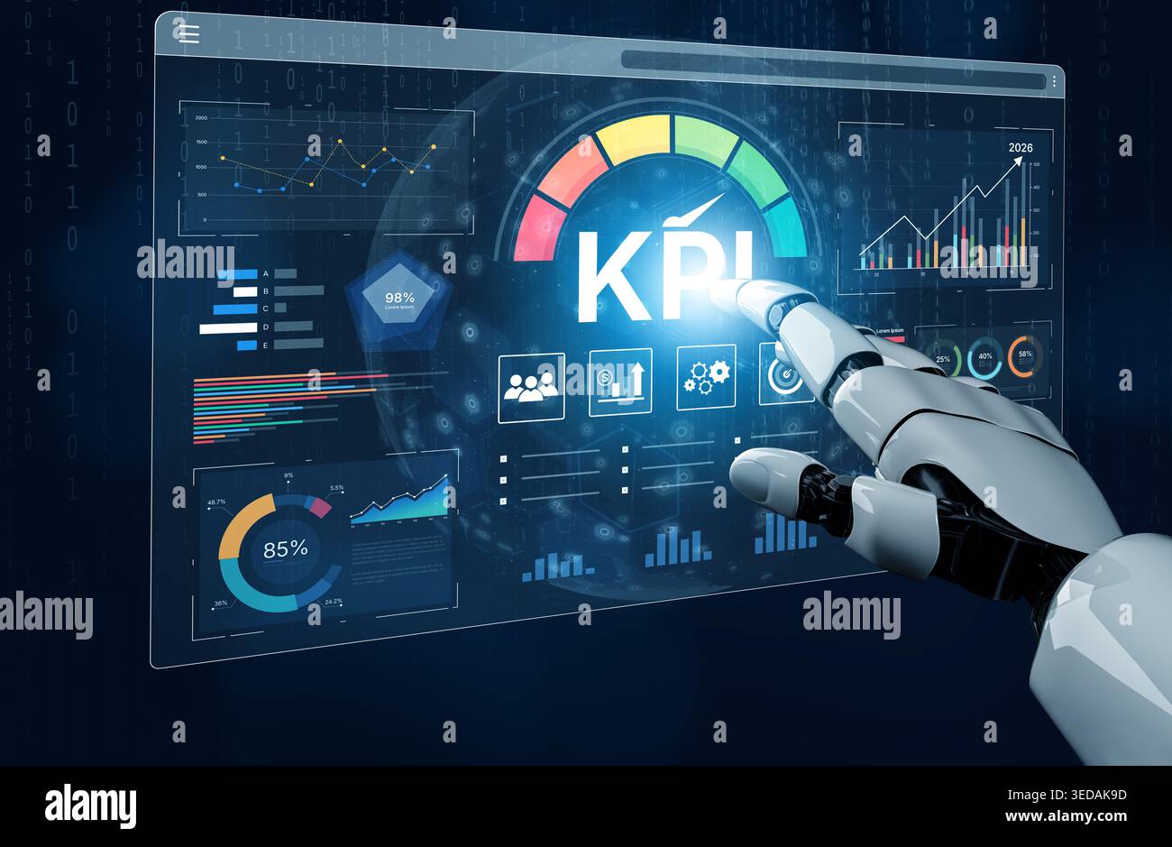 An AI assistant manages a business intelligence dashboard, tracking Key Performance Indicators (KPI) in real-time. This smart system visualizes data Stock Photo