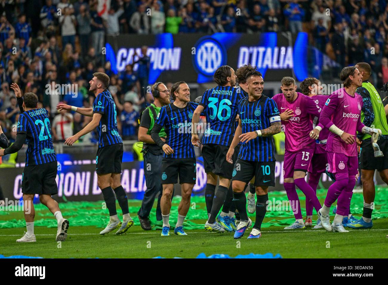 Milano, Italy. 03rd May, 2026. The players of Inter celebrates championship after his team winning the Serie A, and their 21st Scudetto during the match between Inter and Parma at the San Siro Stadium. Final Score : Inter Milan 2 : 0 Parma Credit: SOPA Images Limited/Alamy Live News Stock Photo