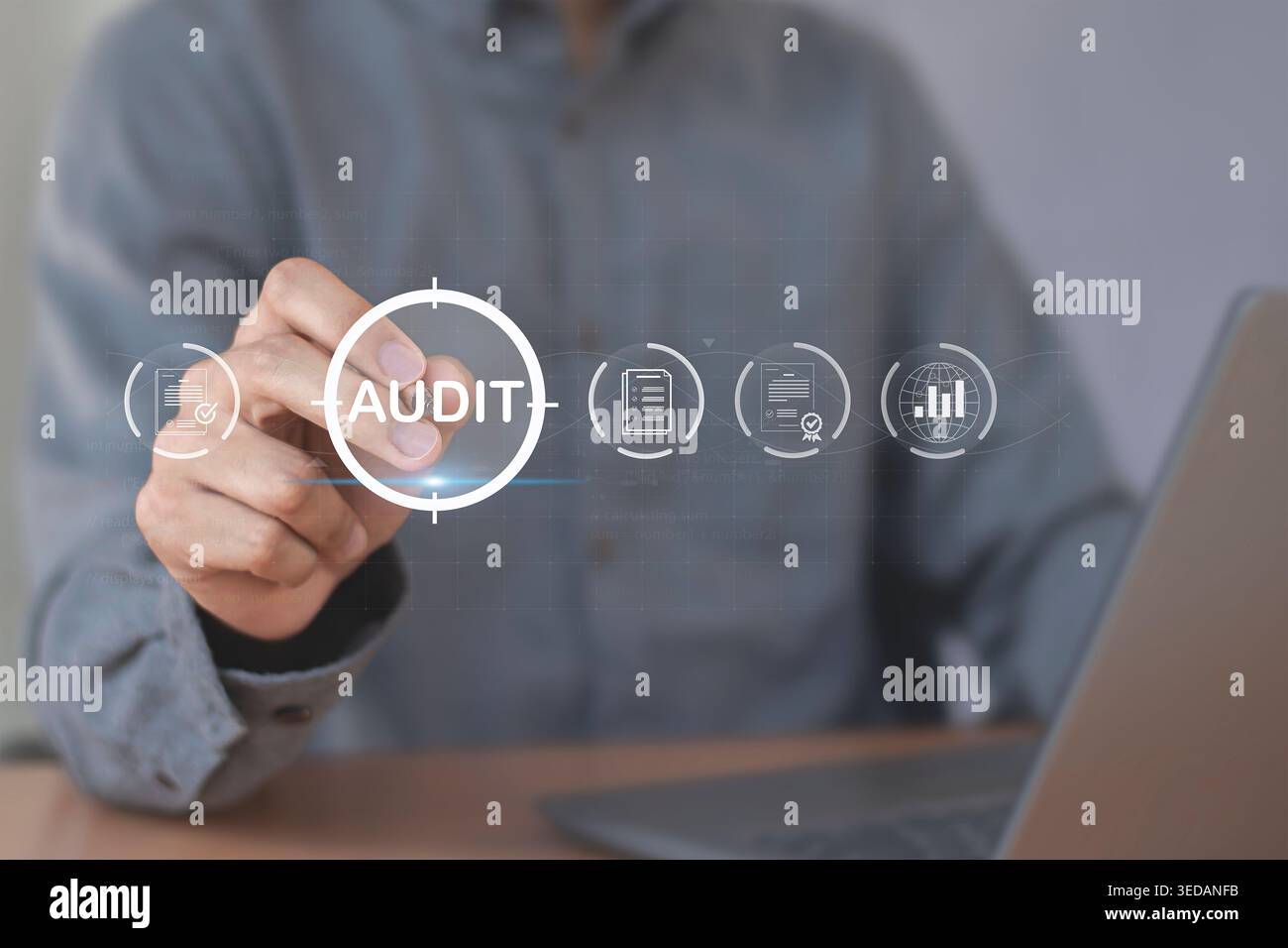 Person touching virtual audit button on digital interface Stock Photo