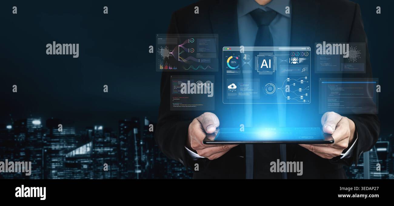 An AI development environment dashboard. This platform provides tools for coding, data science, and visualizing machine learning models, from the Stock Photo
