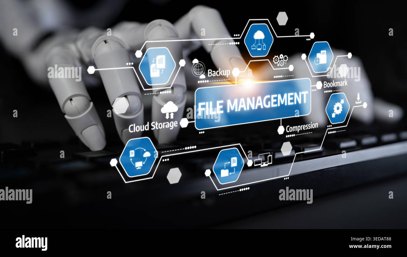 A conceptual image showcasing a robotic hand on a keyboard, emphasizing digital file management features like backup, cloud storage, and compression Stock Photo