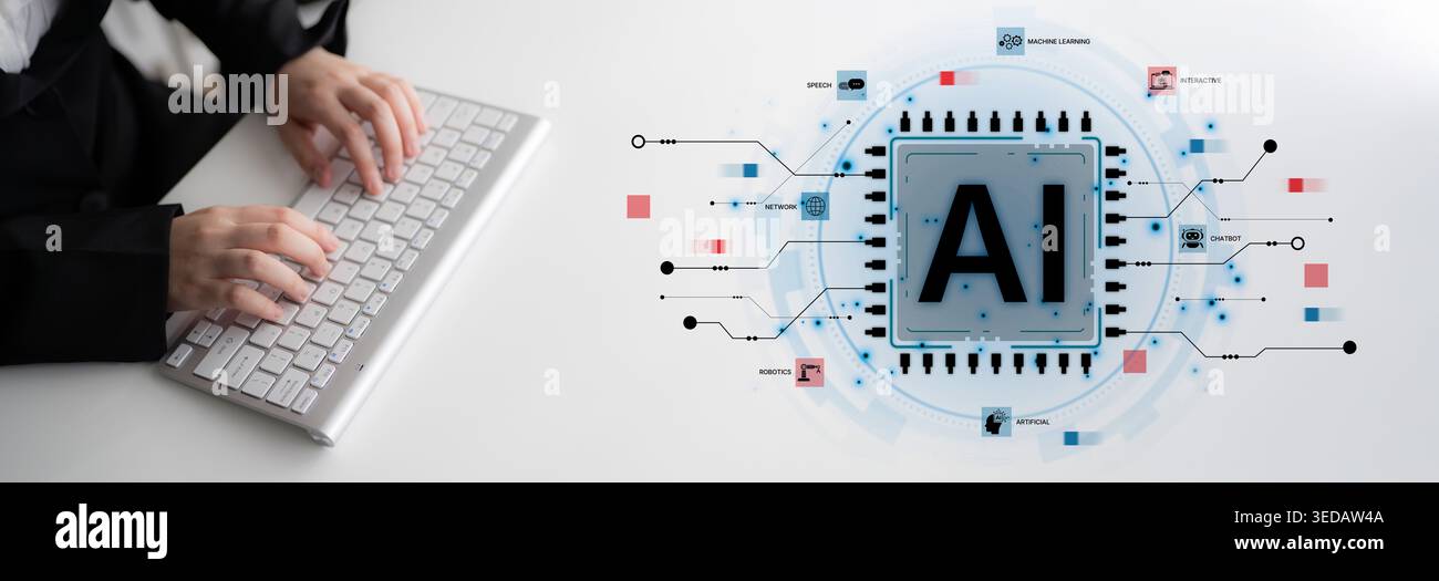 A technical diagram illustrating the core capabilities of Artificial Intelligence. This includes machine learning, robotics, speech recognition, and Stock Photo