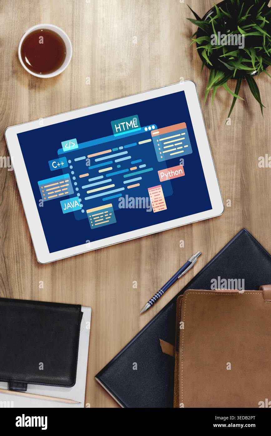 Software development or programming work with coding screen of various programming languages like HTML, , , and C brisk for new application Stock Photo