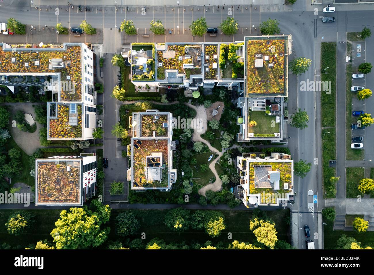 Aerial view of modern residential buildings featuring sustainable green ...