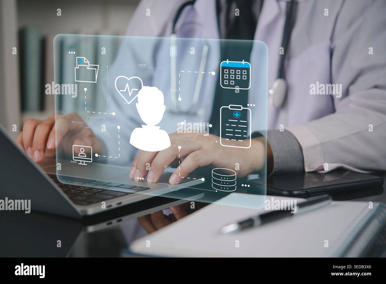 Doctor hands typing laptop computer patient profile icon virtual screen ...