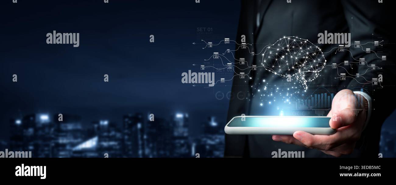 Explore the intersection of generative AI and cloud solutions. This image symbolizes advanced data management and innovative technologies transforming Stock Photo