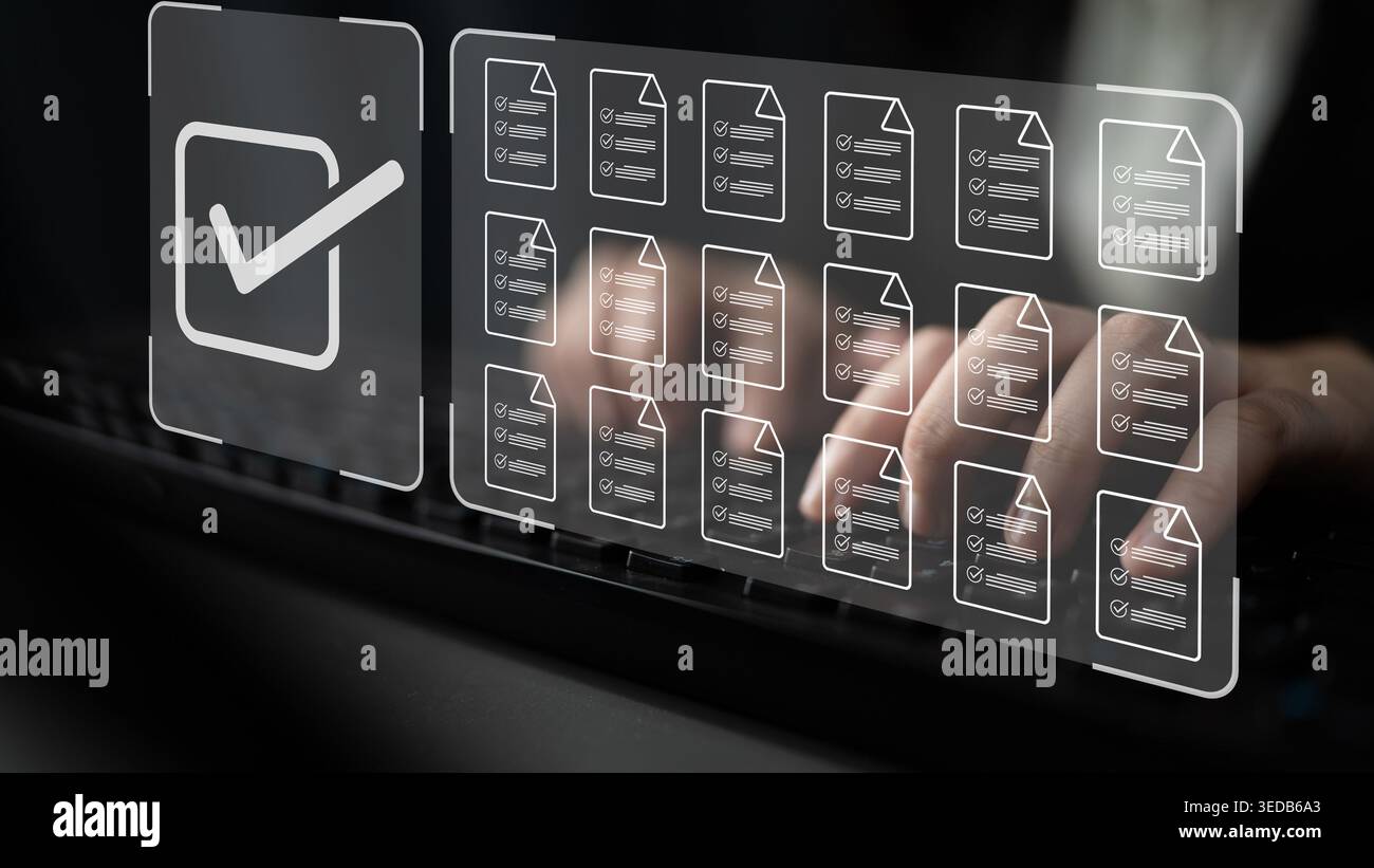 Task management concept illustrating digital checklist, document organization, and workflow tracking for project planning and productivity. Parse Stock Photo