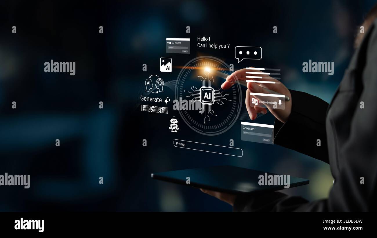 A person engages with a futuristic AI interface featuring interactive elements designed for digital communication and user interaction. Ideal for tech Stock Photo
