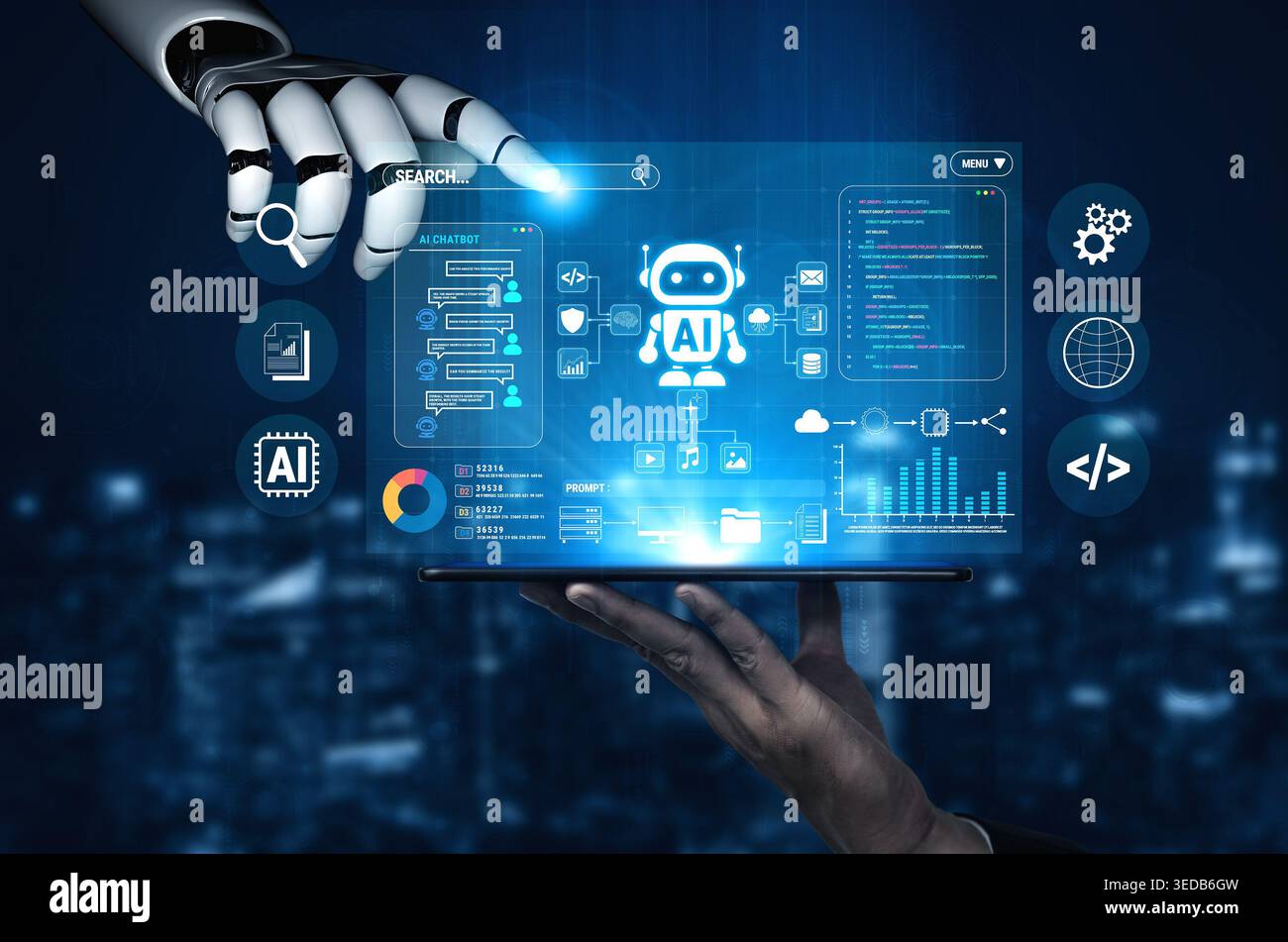 Futuristic Robotics Interface with AI Elements and Hands Interacting with Digital Data Visualization on a Dark Technology Background Fluxor. Stock Photo