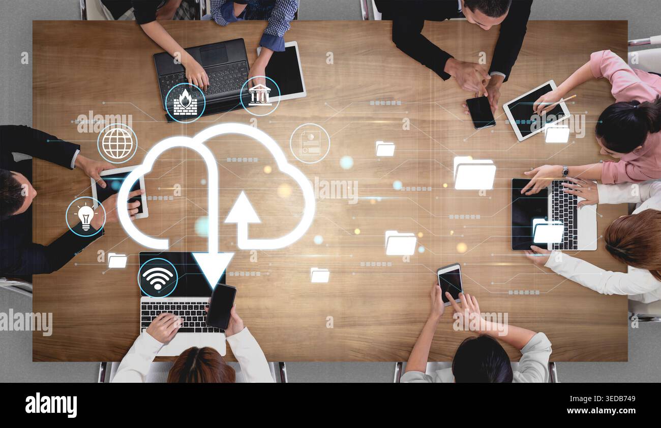 Collaborative Workspace with Digital Devices and Cloud Technology, Representing Modern Communication and Data Sharing in Business Environments Haptic. Stock Photo
