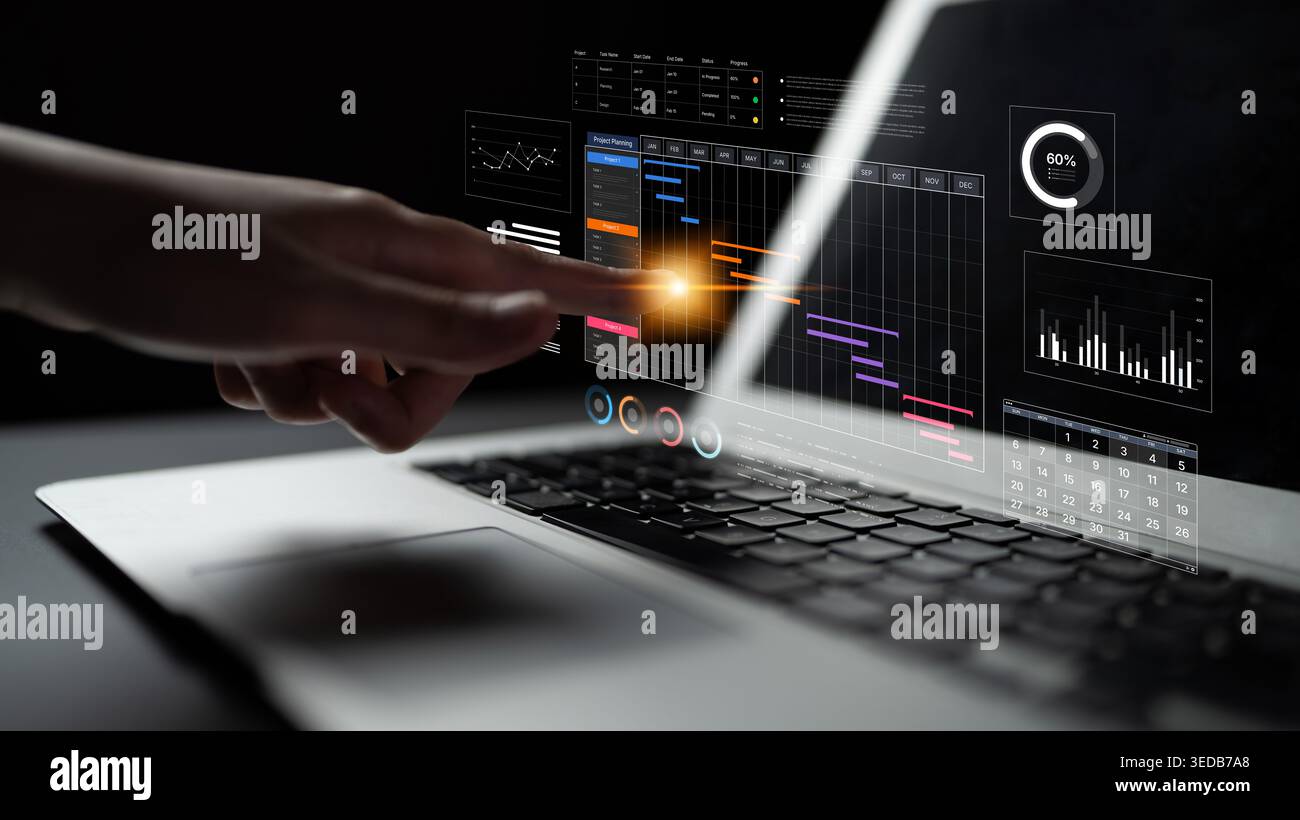 A project management dashboard for business. The interface features a Gantt chart to visualize the project timeline, task scheduling, and overall Stock Photo