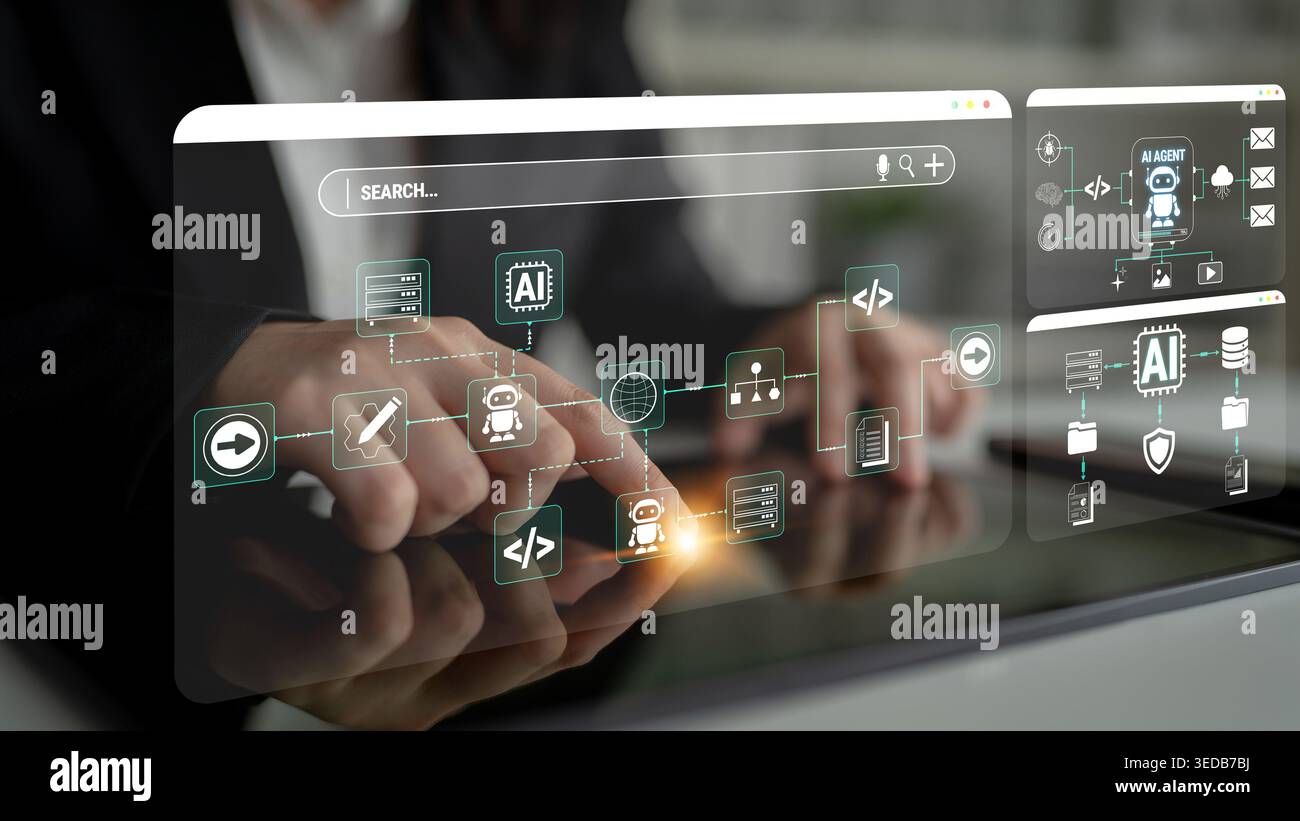 Hands Using Touch Screen Device with Abstract AI Interface and Digital Flow of Data and Information Concepts for Technology and Innovation Fluxor. Stock Photo