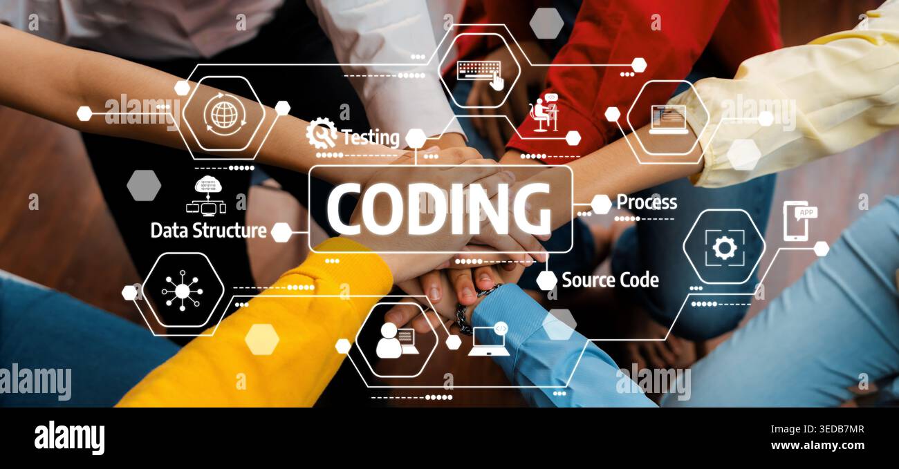 Collaborative Hands Symbolizing Teamwork in Coding and Software Development with Technical Icons Representing Data, Testing, and Process Optimization Stock Photo
