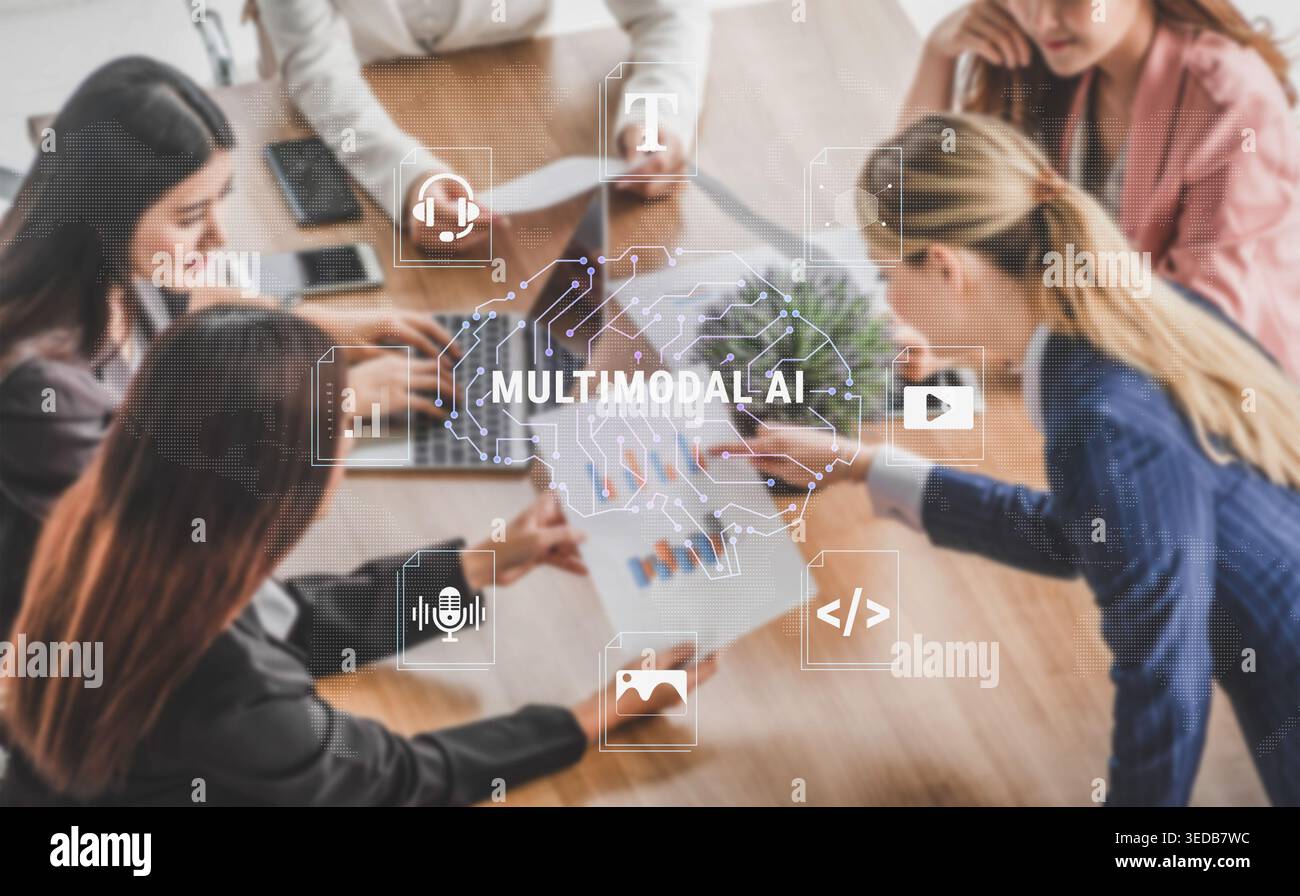 Diverse Team Collaborating on Multimodal AI Solutions in Modern Office Setting with Chart Presentations and Technology Integration Haptic. Stock Photo