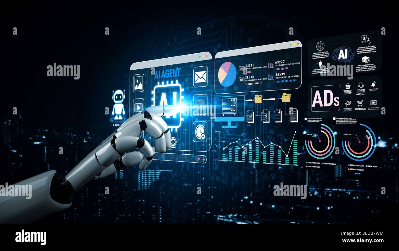 Futuristic Robotic Arm Interacting with Digital Interface Displaying AI Data Analysis and Statistics in a High-Tech Environment Fluxor. Stock Photo