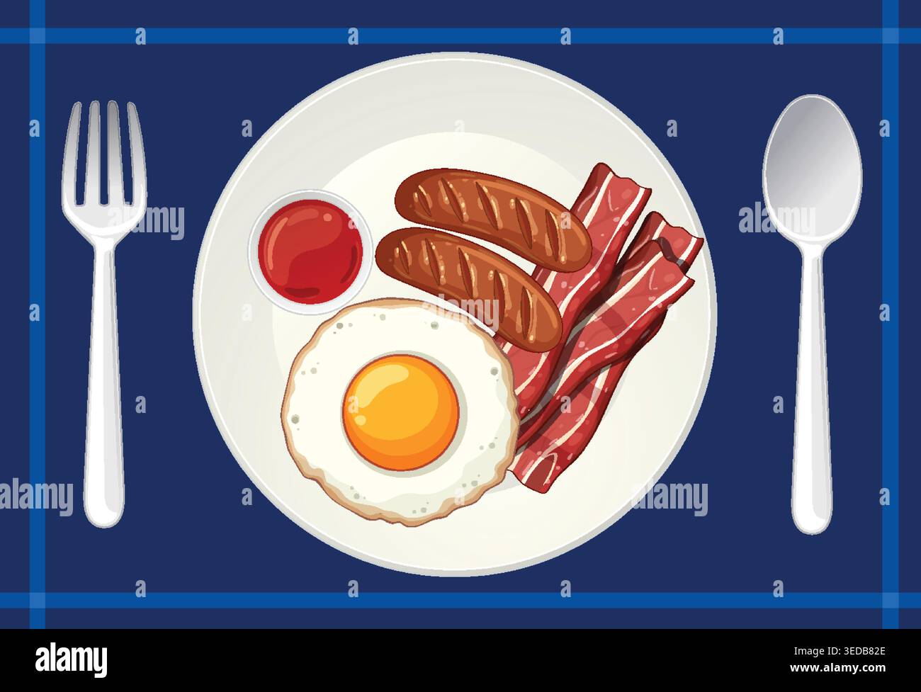 Vector illustration of fried egg, bacon, sausages, and ketchup on white plate, top view Stock Vector