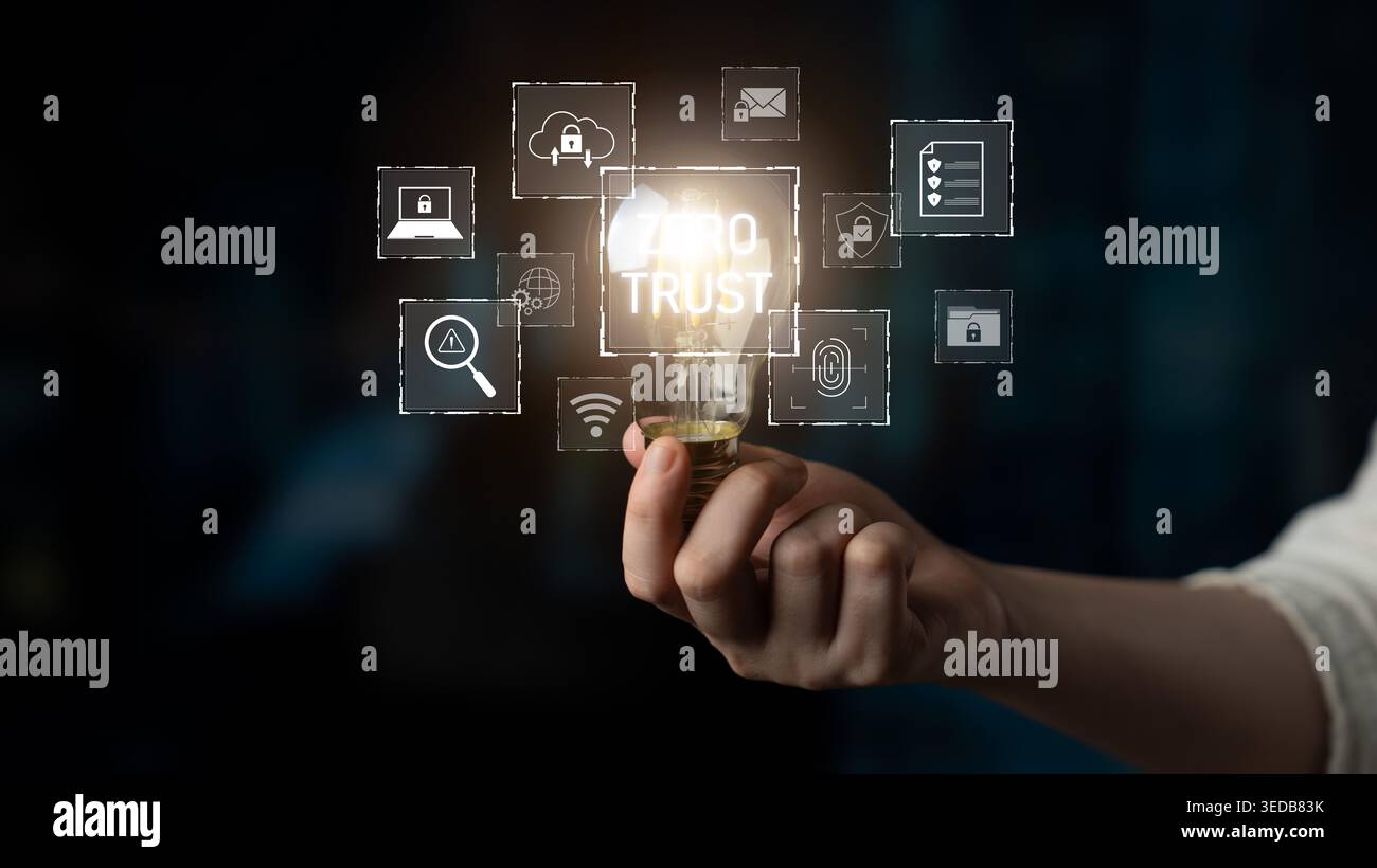 Zero trust model enhances data protection. Zero trust blocks unauthorized access, secures devices, zero trust defends networks, and zero trust Stock Photo