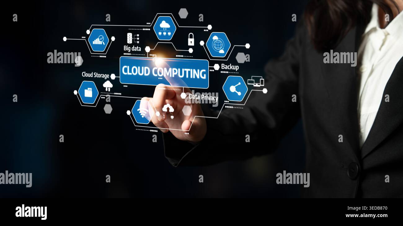 A professional engages with an advanced cloud computing interface representing data management, security, and innovative technology solutions for Stock Photo