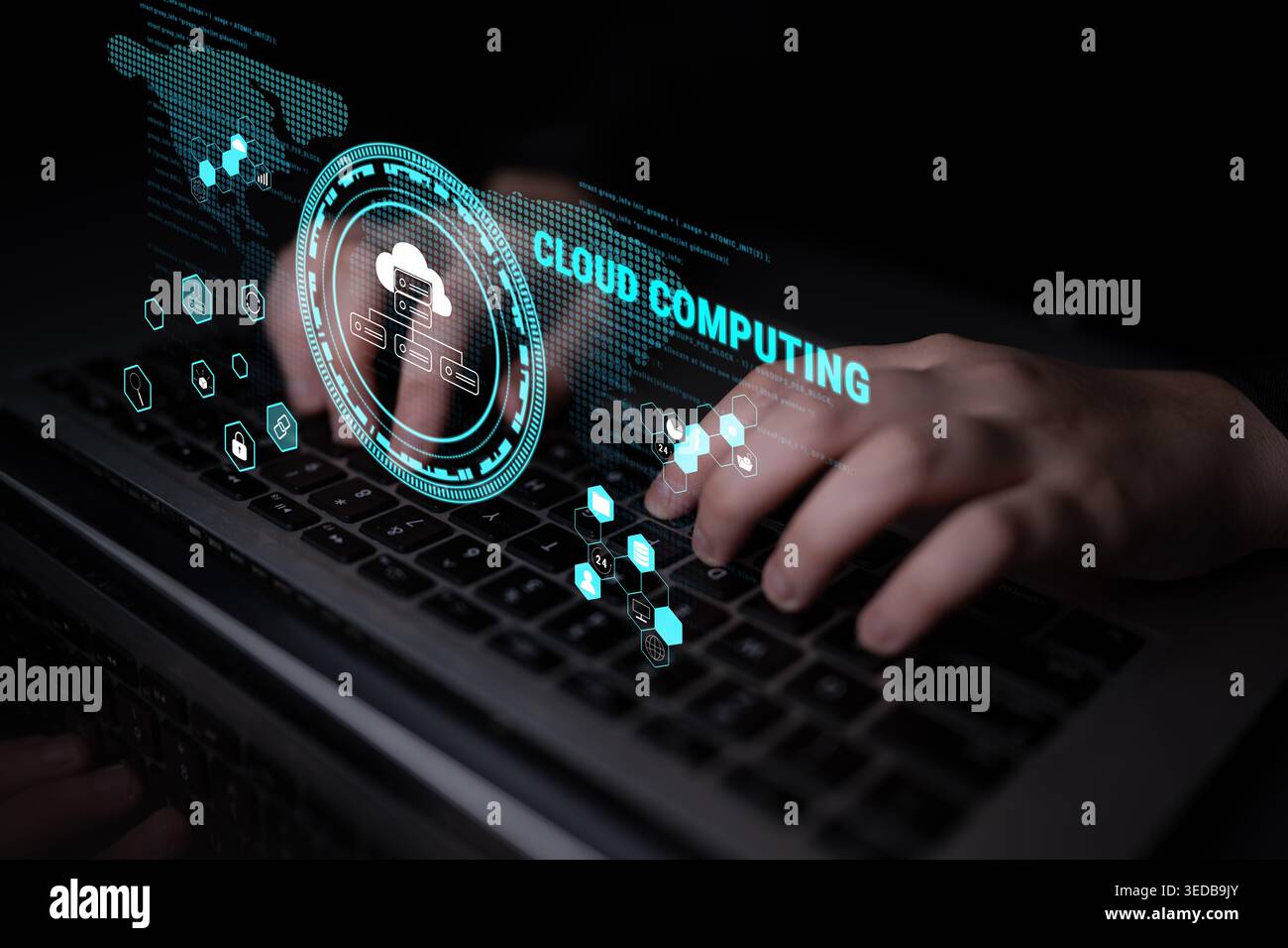 Global cloud computing platform providing services for software development. A worldwide network for data storage, security, and application hosting Stock Photo