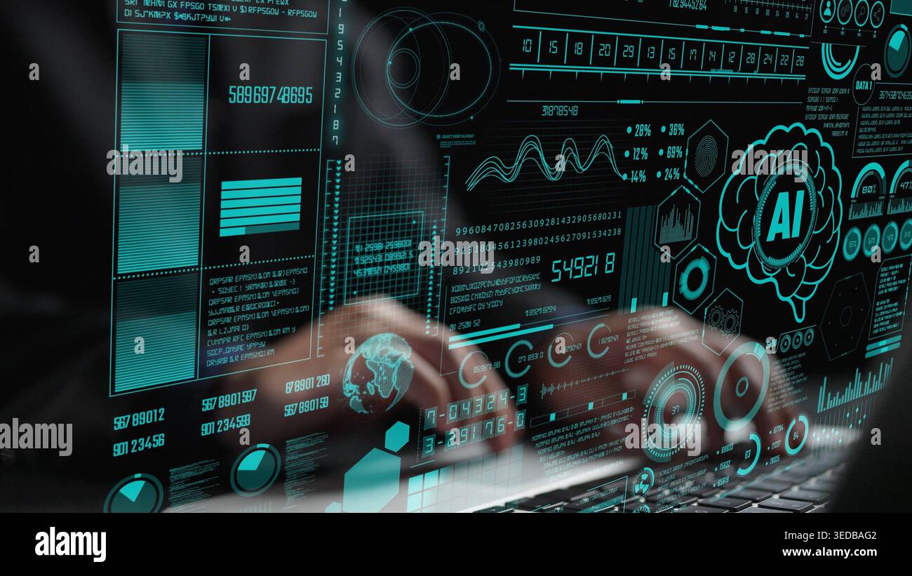 Explore a cutting-edge digital interface showcasing data visualization elements, AI metrics, and graphs, representing the forefront of technology and Stock Photo