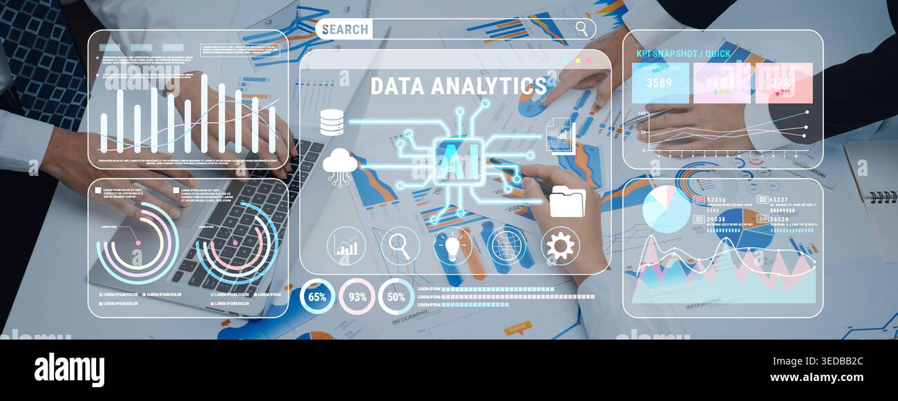 Professional Team Collaborating on Advanced Data Analytics with Laptop, Charts, and Visuals Representing Technology and Artificial Intelligence Stock Photo