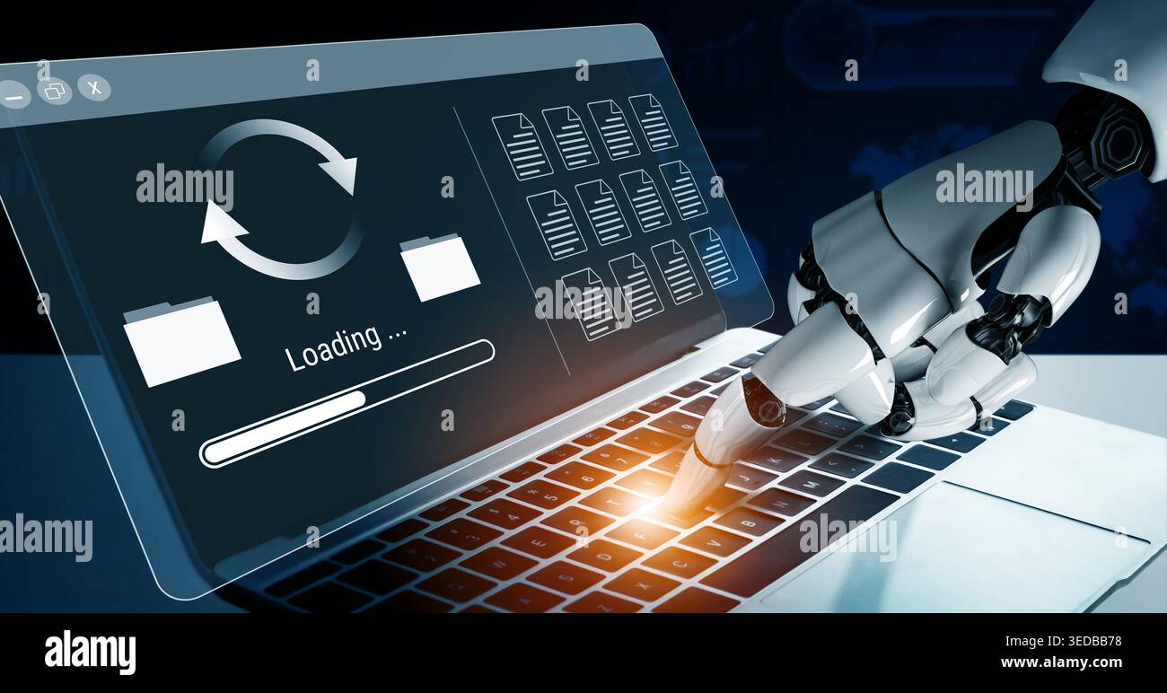 AI automating data synchronization and file management processes, optimizing transfer speed and ensuring seamless backup operations across systems Stock Photo