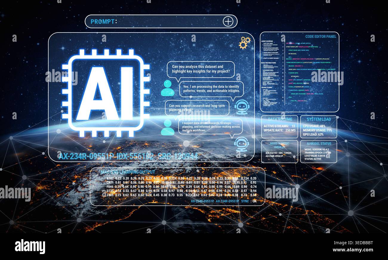 Futuristic Interface Displaying AI Data Processing Information Over Earth, Visualizing Technology and Innovation with Digital Elements and Data Stock Photo
