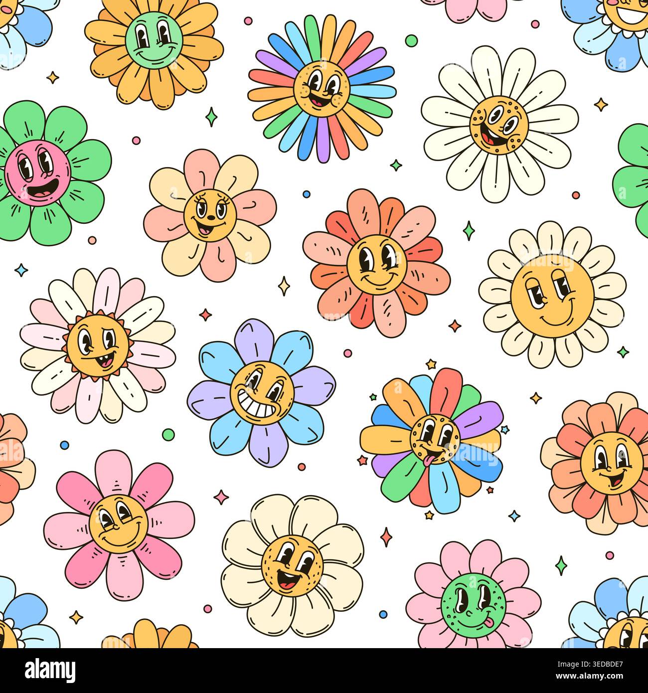 Groovy daisy flower characters seamless pattern Stock Vector