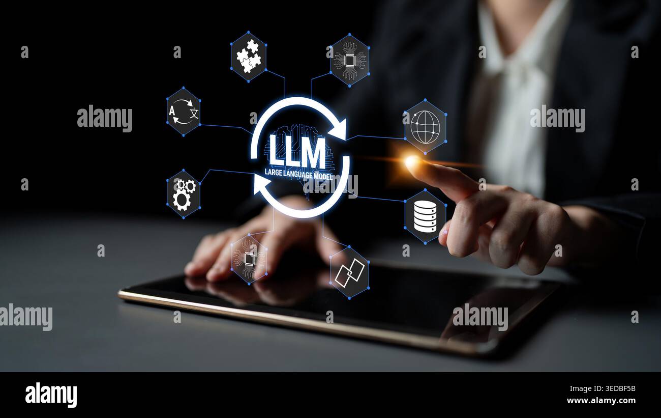 Digital Interface Demonstrating Large Language Model Technology with Iconography and Graphical Elements Depicting AI, Data, and Networking Concepts Stock Photo
