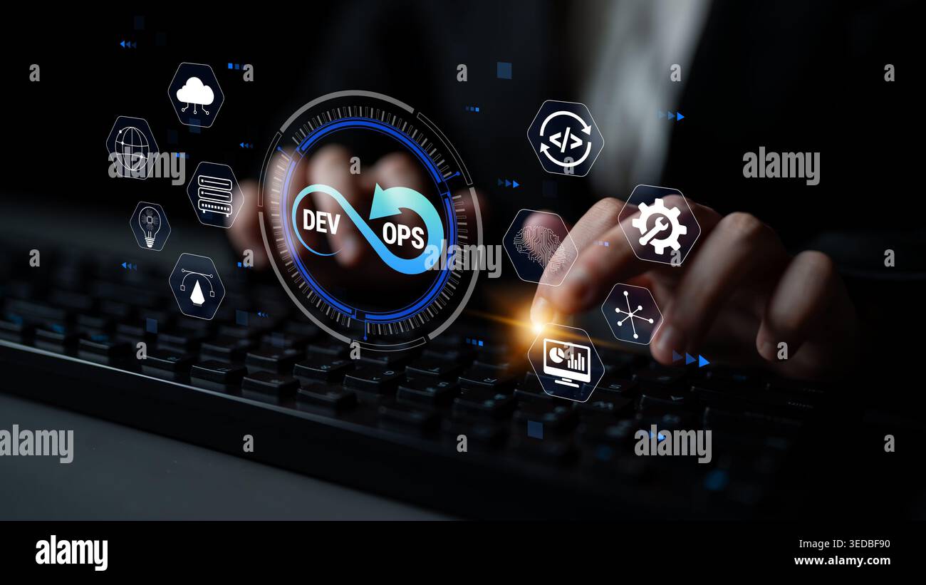 Hands typing on a keyboard with digital icons representing DevOps, cloud computing, software development, automation, and technology integration Stock Photo