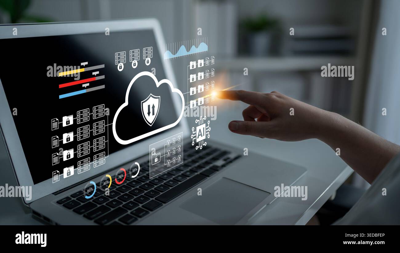 Engaging digital security concept showcasing cloud technology and data protection icons displayed on a laptop screen, emphasizing user interaction and Stock Photo