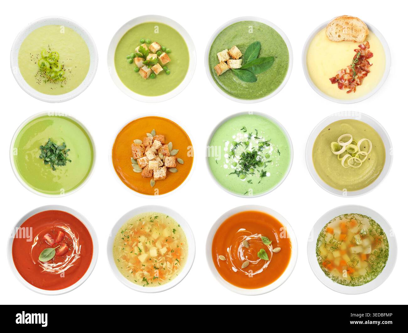 Different tasty soups in bowls isolated on white, collage. Top view Stock Photo