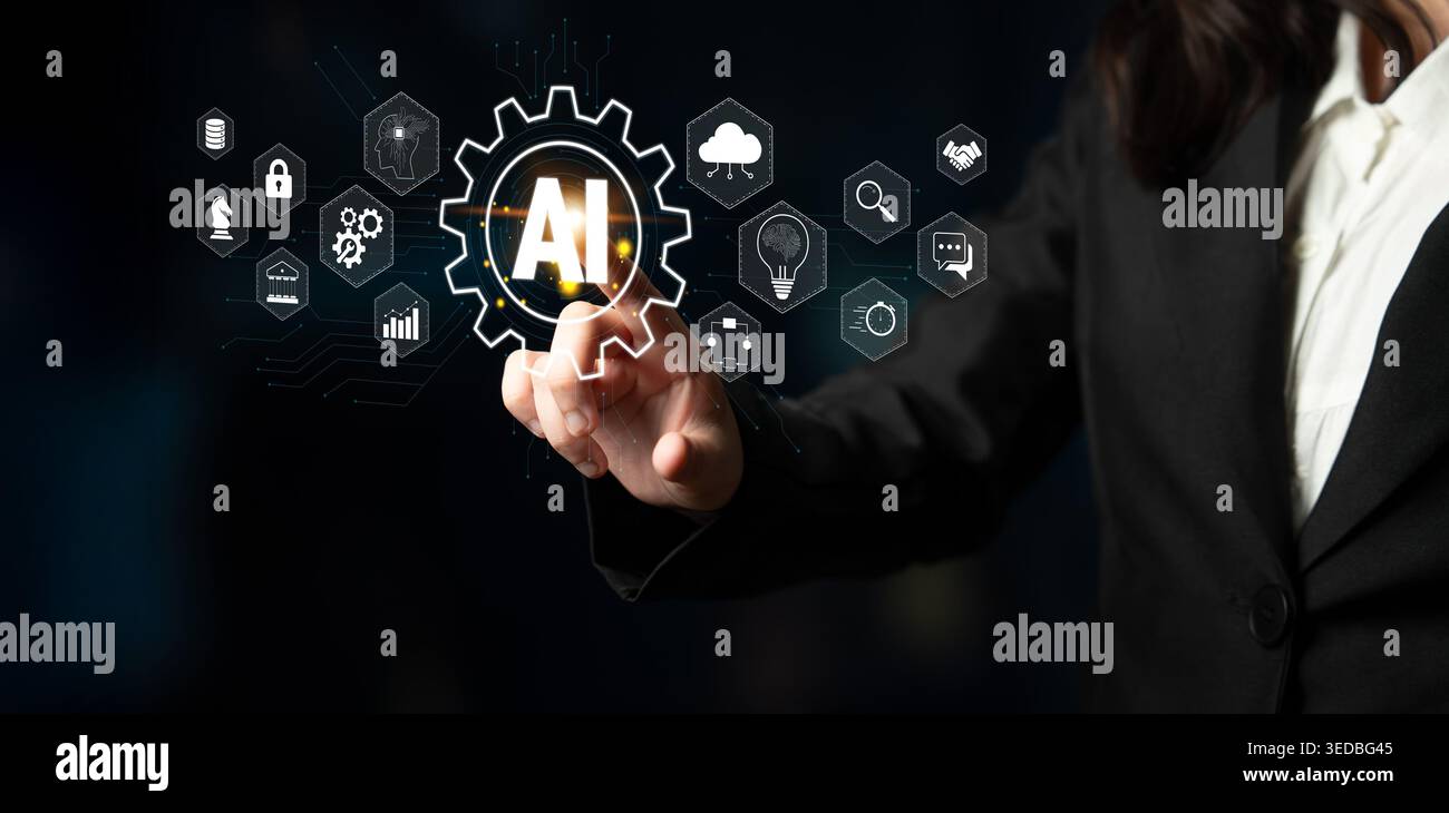 Business Professional Interacting with Artificial Intelligence Technology Visuals in a Dark Background with Futuristic Icons and Graphics Quark. Stock Photo