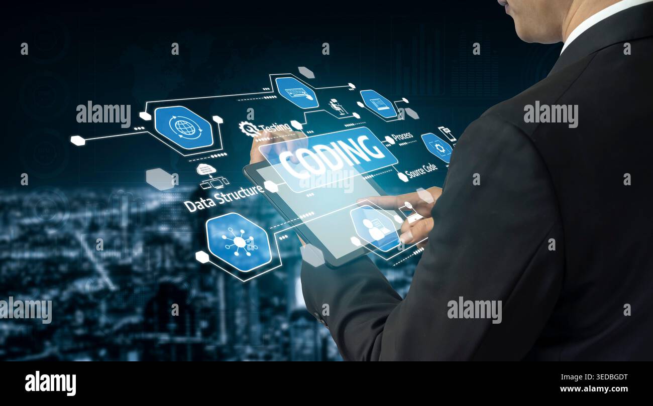 A businessman interacts with a digital coding interface on a tablet, surrounded by technological elements and city background, representing innovation Stock Photo