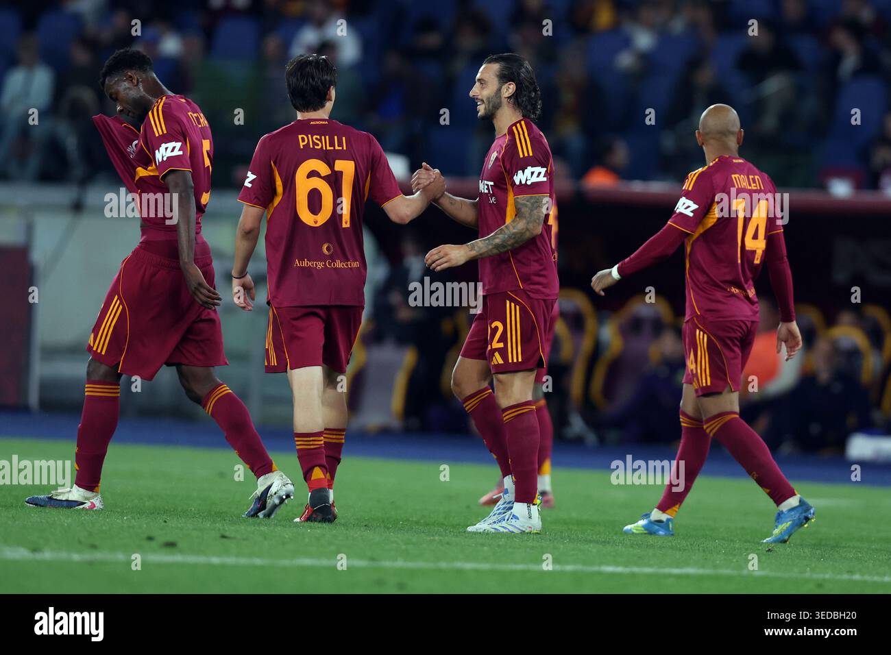 Rome, Italy. 04th May, 2026. (L to R) Niccolò Pisilli (Midfielder) of AS Roma score the goal 4-0 and celebrate with Mario Hermoso (Defender) of AS Roma during the Serie A Enilive 2025-2026 football match between AS Roma vs ACF Fiorentina at Olympic Stadium. Final result match: Roma vs Fiorentina 4-0 Credit: SOPA Images Limited/Alamy Live News Stock Photo