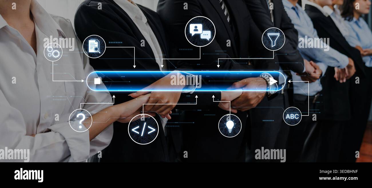 Generative search system powered by AI with data, process, intelligence, and automation in a seamless concept flow. Corpus Stock Photo