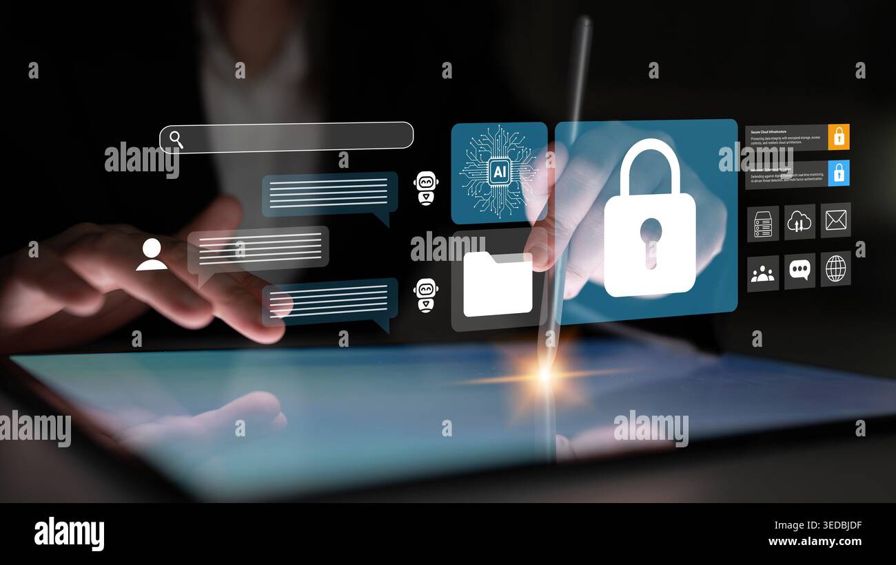 Modern digital security concept featuring a touchscreen tablet with interface elements, including lock icon and data protection visuals, showcasing Stock Photo