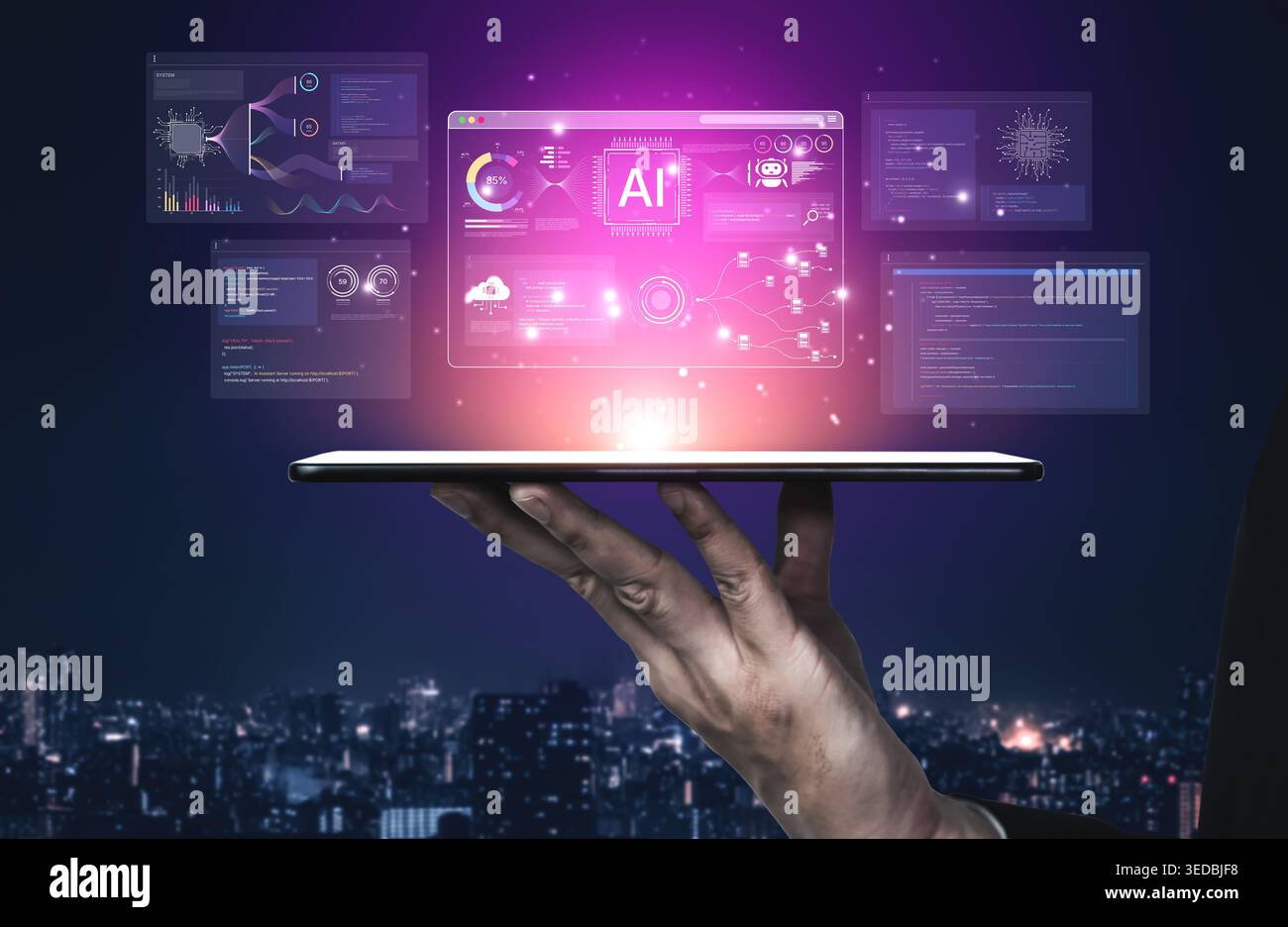 An AI development environment dashboard. This platform provides tools for coding, data science, and visualizing machine learning models, from the Stock Photo