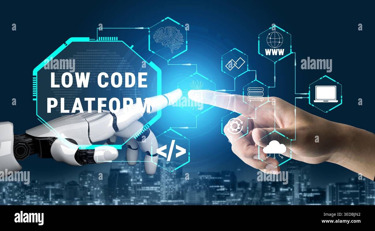 Futuristic Representation of Collaboration Between Human and Robot with Low Code Platform Technology and Modern Digital Elements in a Tech-Driven Stock Photo