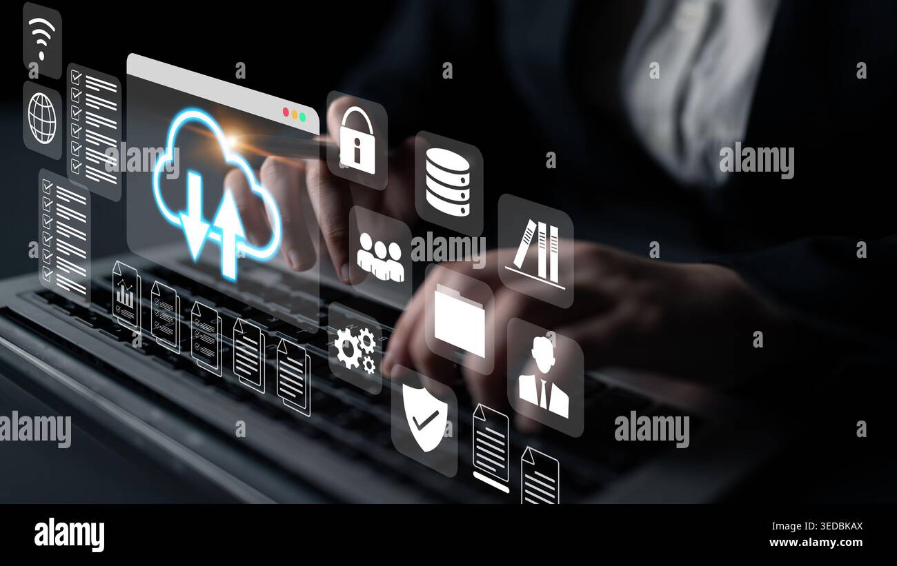Cloud upload and download icon with surrounding data management, security, and analytics icons in digital interface Parse Stock Photo