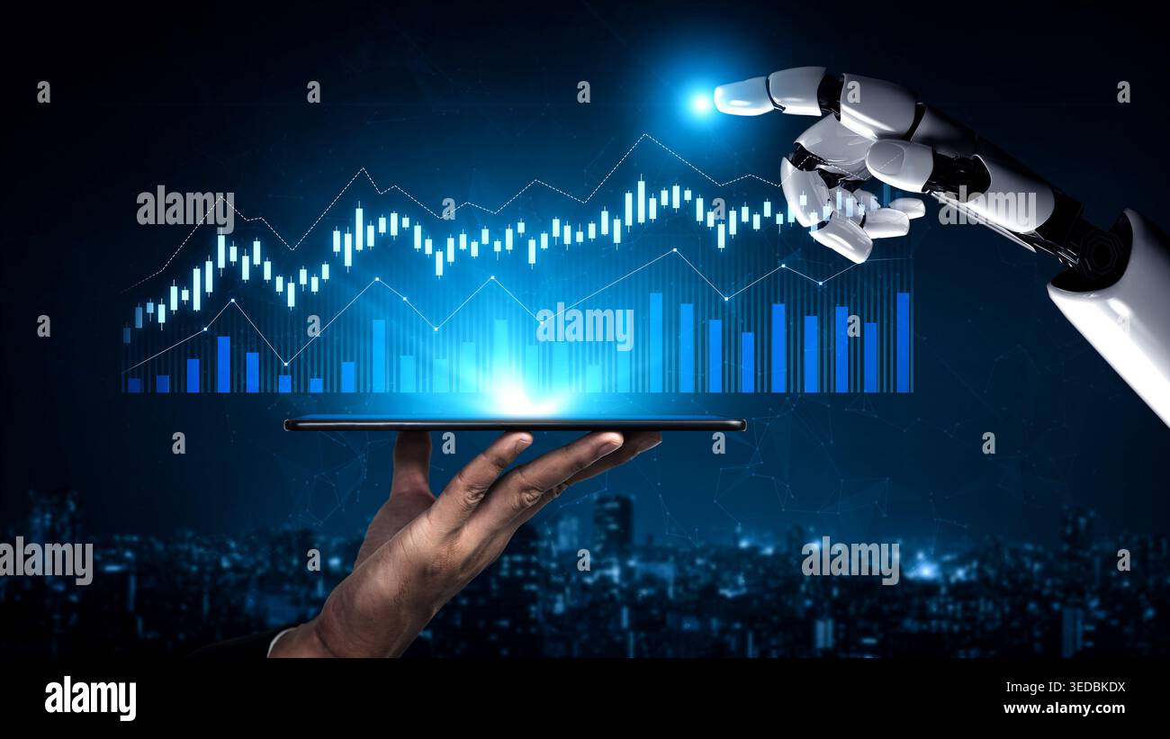 A futuristic scene featuring a robotic hand reaching towards a glowing data visualization on a tablet, symbolizing the convergence of technology and Stock Photo