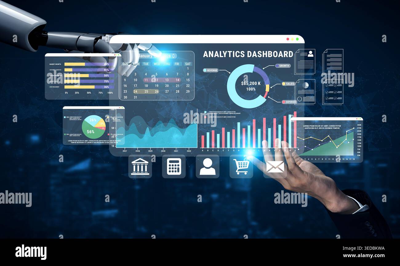 Futuristic Robotic Hand Interacting with Advanced Data Analytics Dashboard on Computer Screen in Modern Business Environment Haptic. Stock Photo