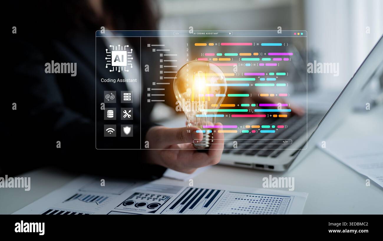 This image showcases a light bulb symbolizing innovation and creativity in coding assistance by artificial intelligence, set against a modern Stock Photo
