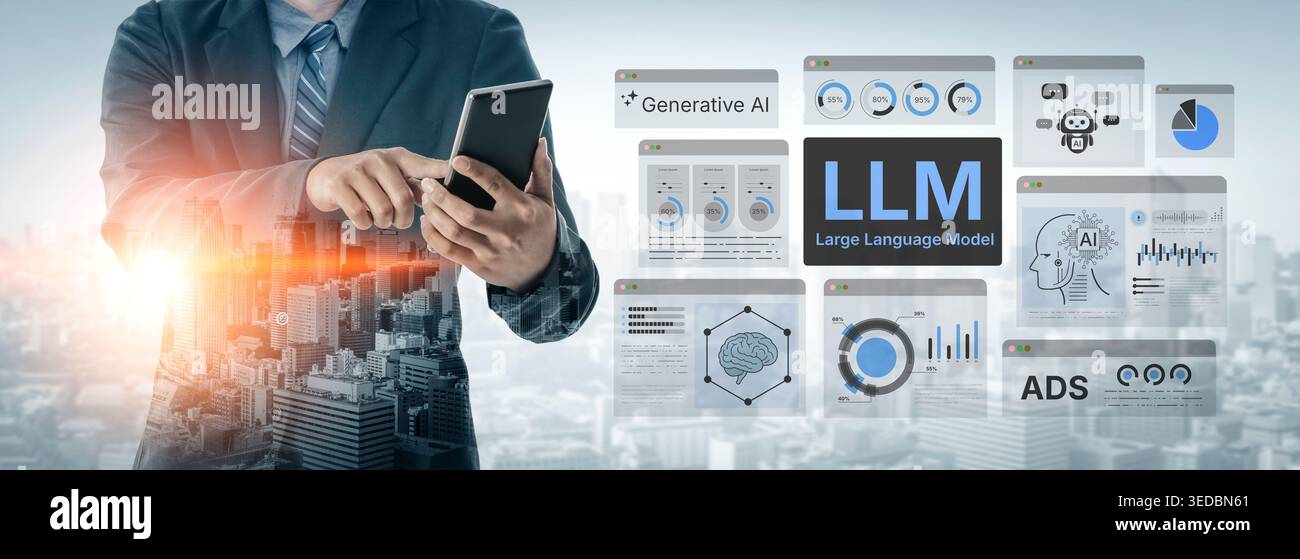 Large Language Model LLM processing data. Represents deep text learning, natural language processing NLP AI tech, transformer architecture, and Stock Photo